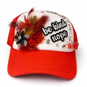 Red and White Kids Cap with Decorative Feathers